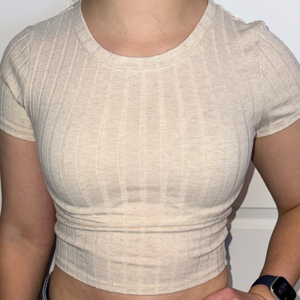 Bozzolo Light Beige Ribbed Short Sleeve Cropped Top